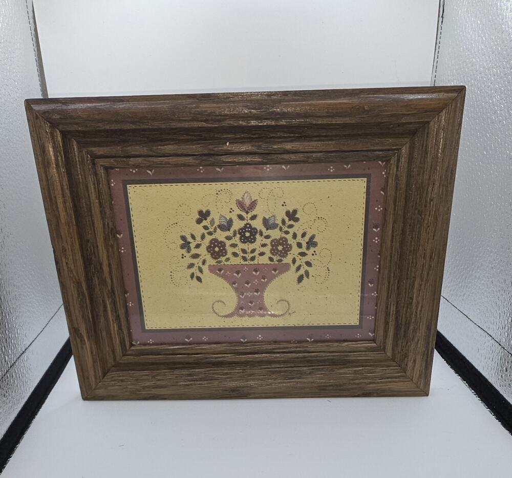 Vintage Primitive Folk Art Floral Basket Framed Print Country Farmhouse Decor
